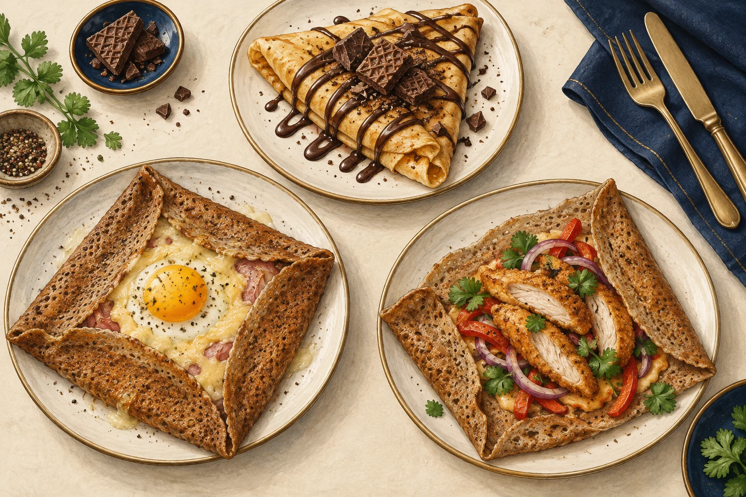 Illustration de galettes dorées garnies et d’une crêpe au chocolat, présentées sur des assiettes.